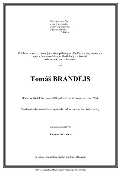 Smuteční oznámení – Tomáš Brandejs