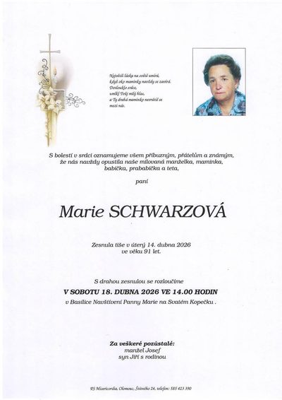 Smuteční oznámení – Marie Schwarzová