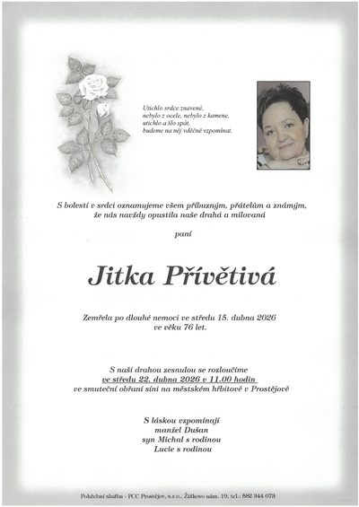 Smuteční oznámení – Jitka Přívětivá