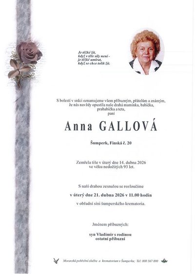 Smuteční oznámení – Anna Gallová