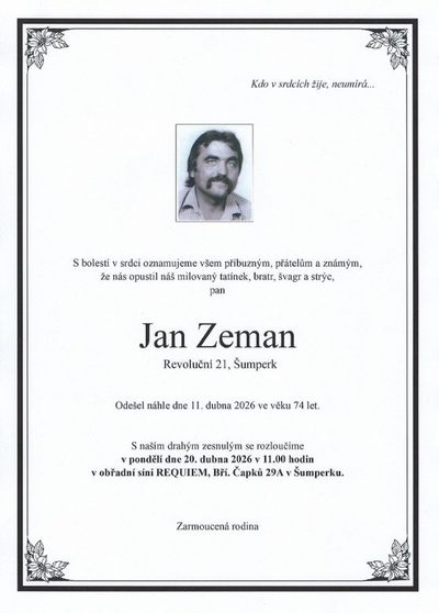 Smuteční oznámení – Jan Zeman