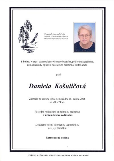 Smuteční oznámení – Daniela Košuličová