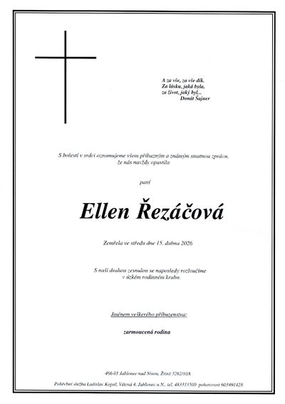 Smuteční oznámení – Ellen Rezáčová
