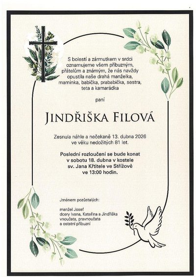 Smuteční oznámení – Jindřiška Filová