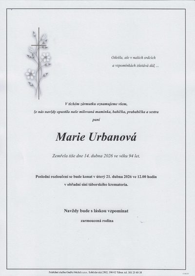 Smuteční oznámení – Marie Urbanová