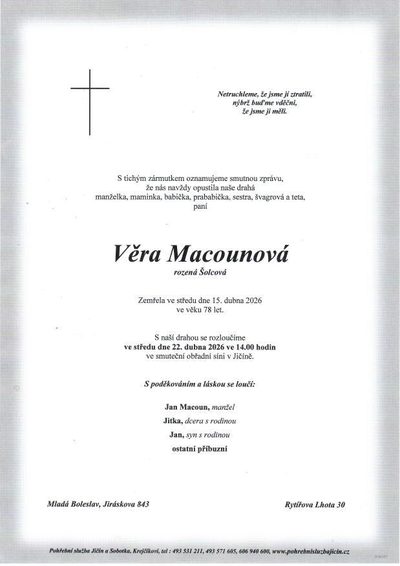 Smuteční oznámení – Věra Macounová