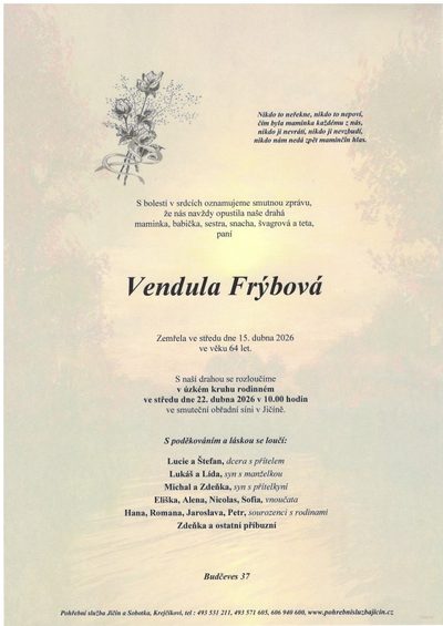 Smuteční oznámení – Vendula Frýbová