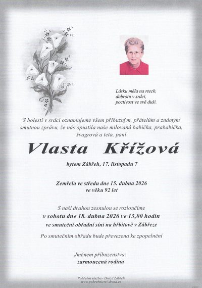 Smuteční oznámení – Wlasta Křížová