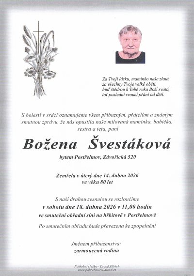 Smuteční oznámení – Božena Svestáková