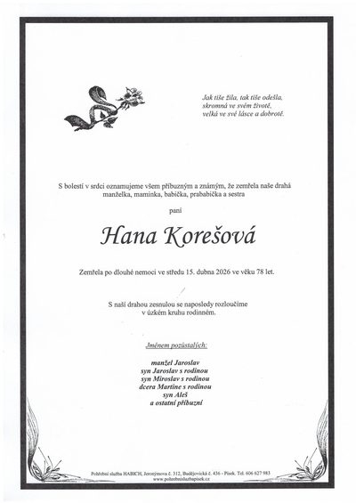 Smuteční oznámení – Jana Korešová