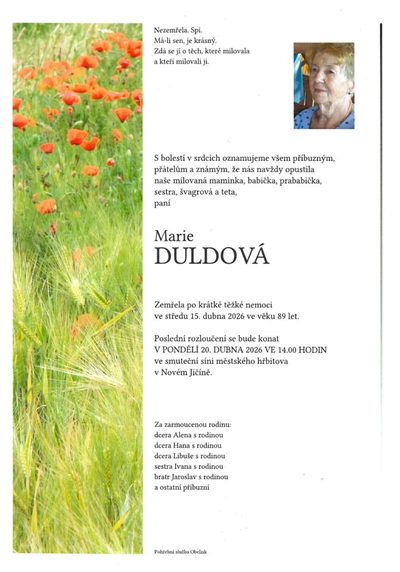 Smuteční oznámení – Marie Duldova