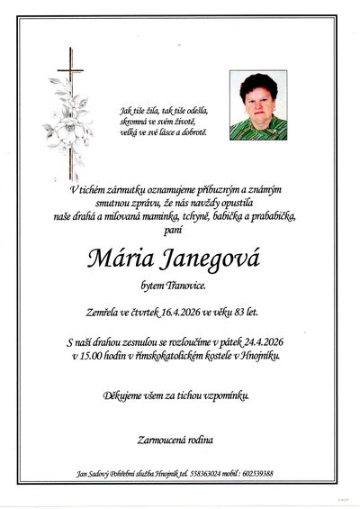 Smuteční oznámení – Mána Janegová