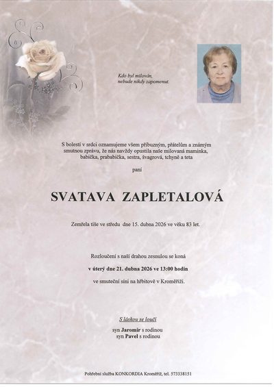 Smuteční oznámení – Svatava Zapletalová