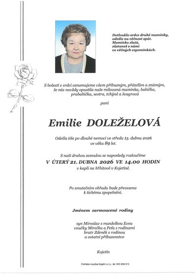Smuteční oznámení – Emilie Doleželová