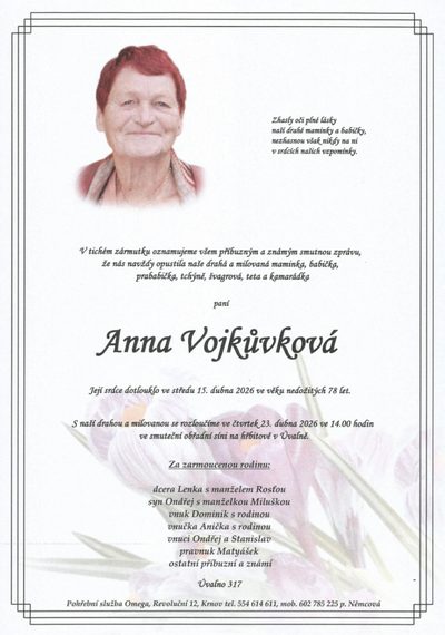 Smuteční oznámení – Anna Vojkůvková