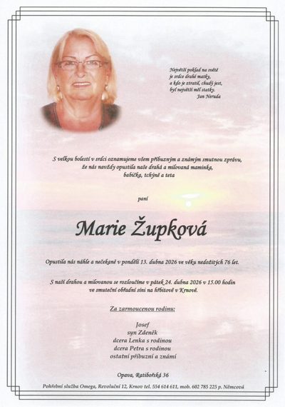 Smuteční oznámení – Marie Župková