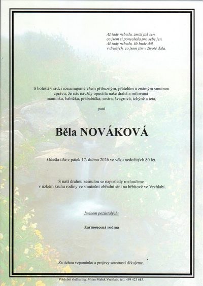 Smuteční oznámení – Běla Nováková