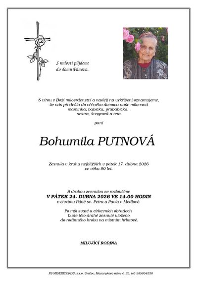 Smuteční oznámení – Bohumila Putnová