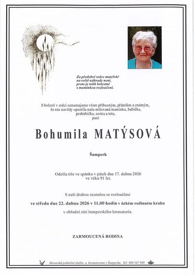 Smuteční oznámení – Bohumila Matýsová