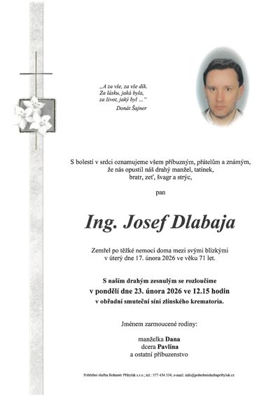 Smuteční oznámení – Josef Dlabaja