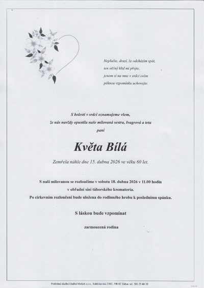 Smuteční oznámení – Kvéta Bílá