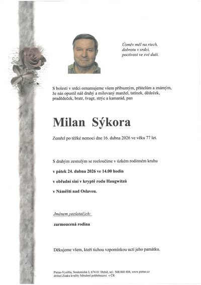Smuteční oznámení – Milan Sýkora