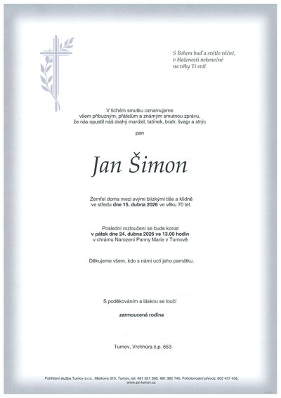 Smuteční oznámení – Jan Šimon