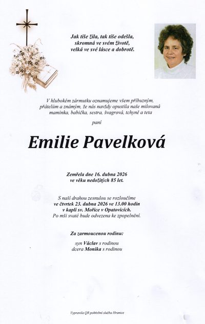 Smuteční oznámení – Emilie Pavelková