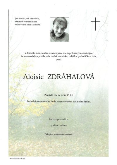 Smuteční oznámení – Aloisie Zdráhalová