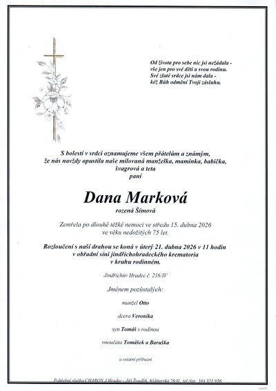 Smuteční oznámení – Dana Marková
