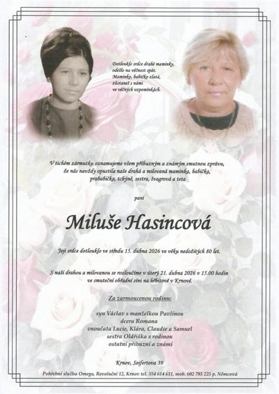 Smuteční oznámení – Miluše Hasincová