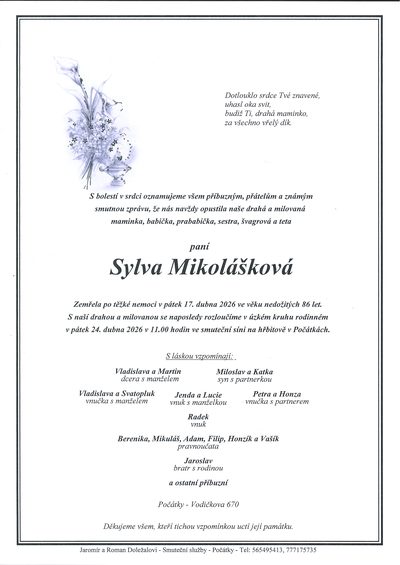 Smuteční oznámení – Sylva Mikolášková