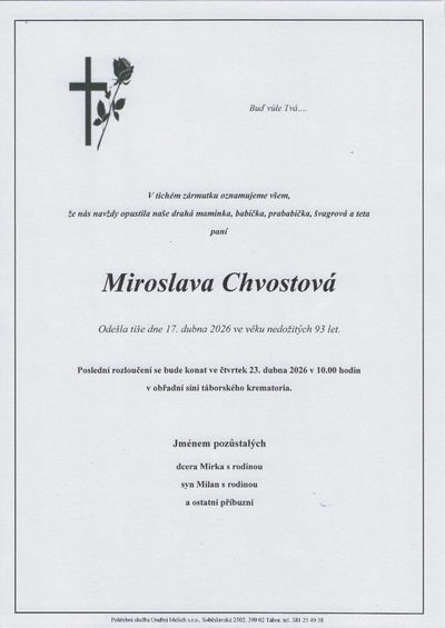 Smuteční oznámení – Miroslava Chvostová