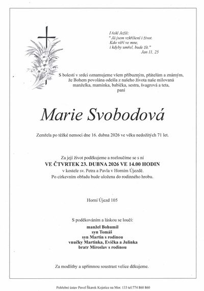 Smuteční oznámení – Marie Svobodová