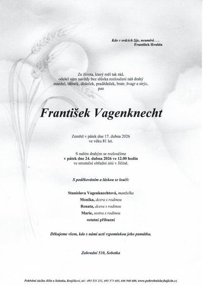 Smuteční oznámení – František Vagenknecht