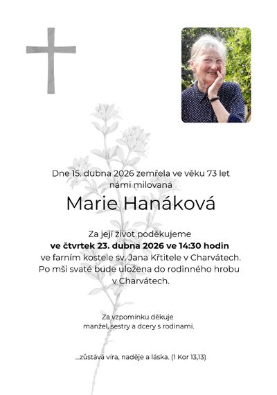 Smuteční oznámení – Marie Hanáková