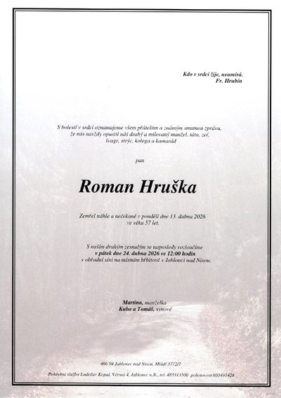 Smuteční oznámení – Roman Hruška
