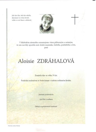 Smuteční oznámení – Aloisie Zdráhalová