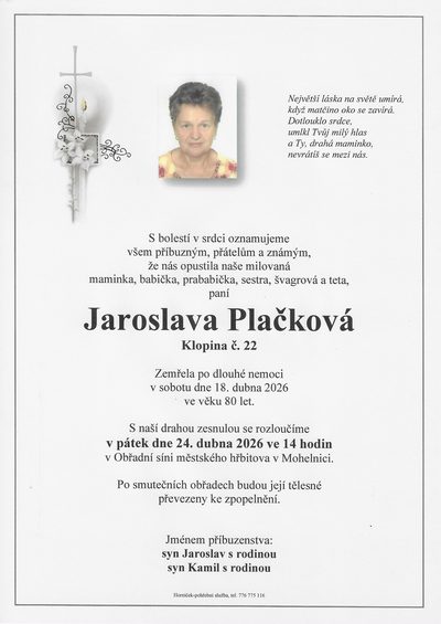 Smuteční oznámení – Jaroslava Plačková