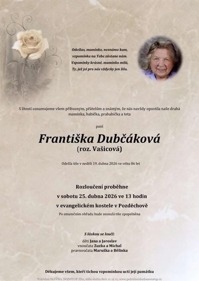 Smuteční oznámení – Františka Dubčáková