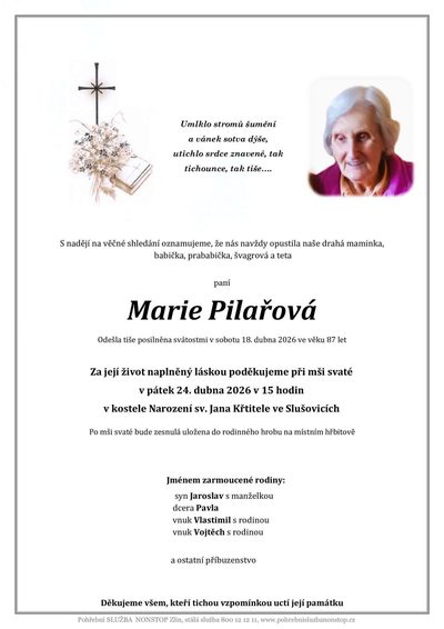 Smuteční oznámení – Marie Pilařová