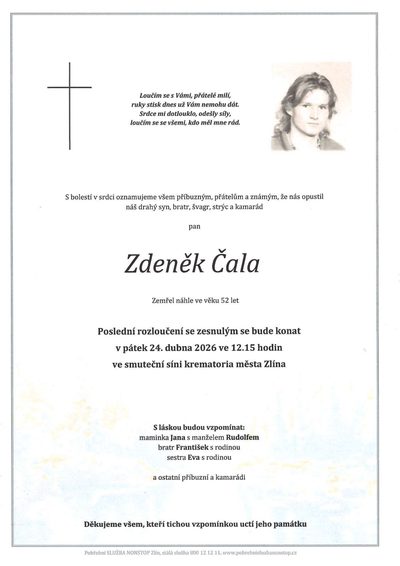 Smuteční oznámení – Zdeněk Čala