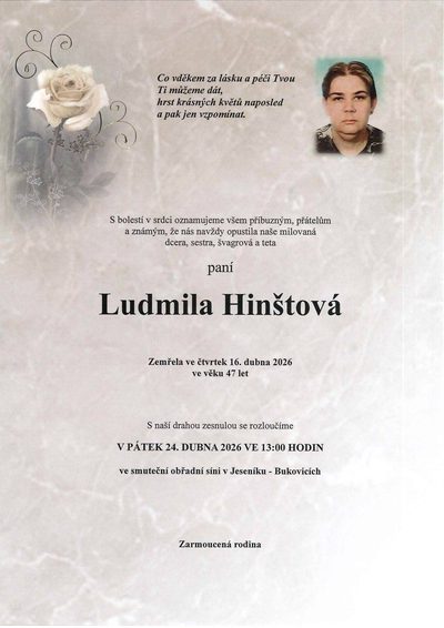 Smuteční oznámení – Ludmila Hinštová