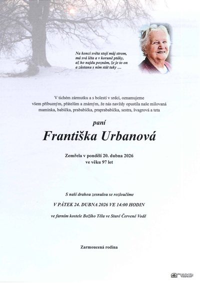 Smuteční oznámení – Františka Urbanová