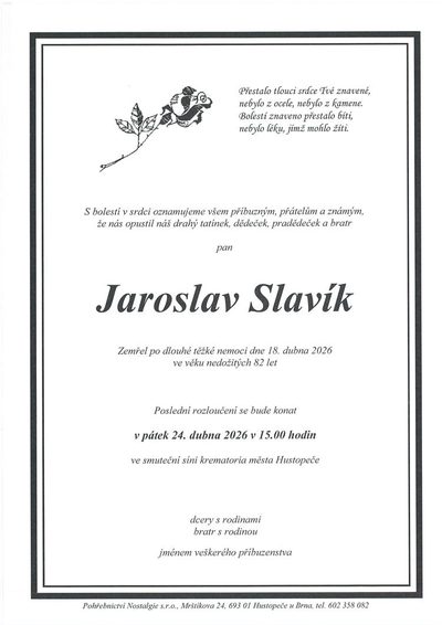 Smuteční oznámení – Jaroslav Slavík