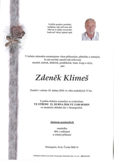 Smuteční oznámení – Zdeněk Klimeš