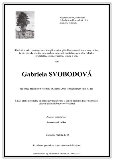 Smuteční oznámení – Gabriela Svobodová