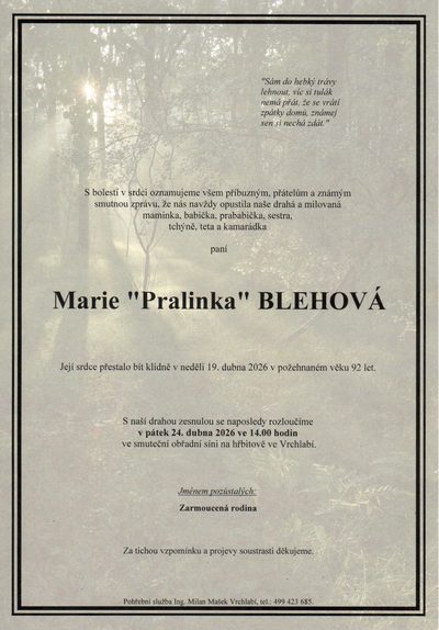 Smuteční oznámení – Marie Blehová
