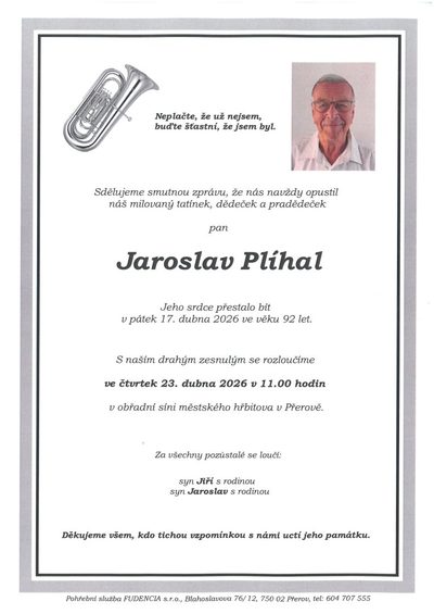 Smuteční oznámení – Jaroslav Plíhal