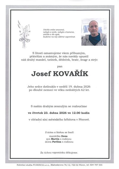 Smuteční oznámení – Josef Kovařík